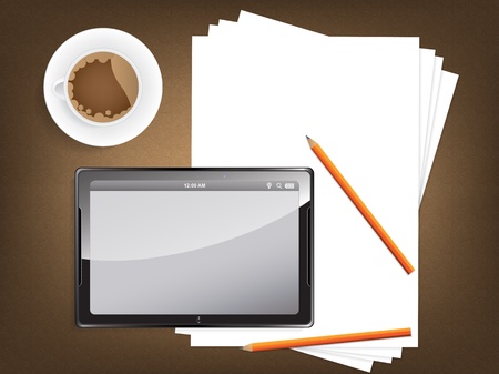 Desk concept with a blank paper, a cup of coffee and a modern tablet with space for text.のイラスト素材