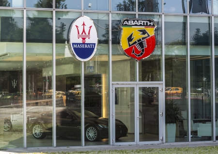 Bucharest-June 21. Signage on Abarth and Maserati shop. Many luxury car companies have opened in Romania because the force of buying has increased in the last 10 years.Bucharest, Romania, June 21, 2013.のeditorial素材