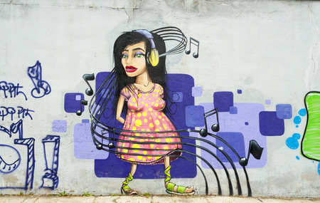 BUCHAREST, ROMANIA -JUNE 1, 2014: Anonymous graffiti image as seen on an alley wall in Bucharest on June 01,2014のeditorial素材