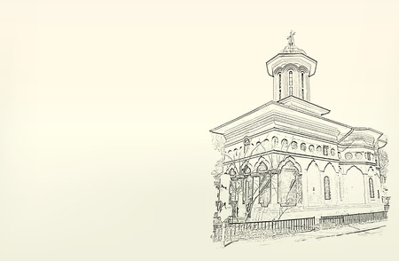 Architecture. Sketch. Drawing of orthodox church.City. Space for textのイラスト素材