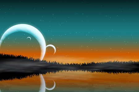 Space landscape with silhouettes and planetsのイラスト素材
