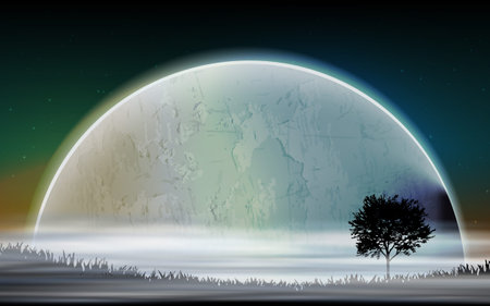 Space landscape with silhouettes and planetsのイラスト素材