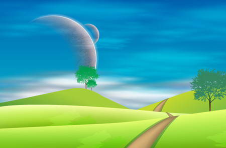 Space landscape with silhouettes and planetsのイラスト素材