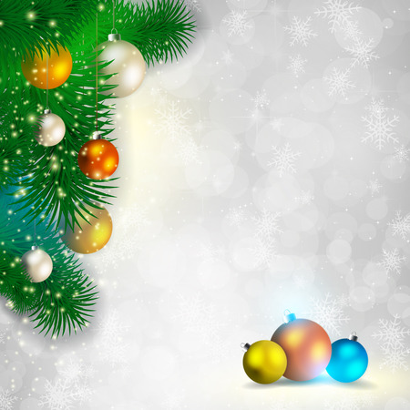 Christmas balls hanging on pine tree with sparks and space for text.のイラスト素材