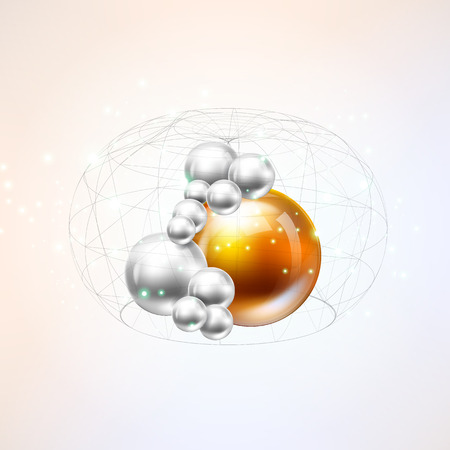 Bright glowing spheres in a random display. Molecules spheres abstract background . molecular structure. Space for your text.のイラスト素材