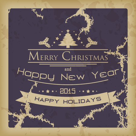 Merry Christmas and happy new year vintage card with a Christmas tree, stars and mistletoe.のイラスト素材