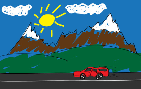 Child's drawing of a red car in the road into the mountains.のイラスト素材
