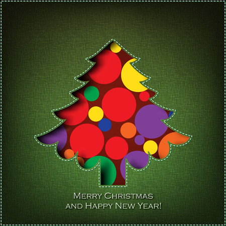 Merry Christmas ribbon textile green tree design greeting card.のイラスト素材