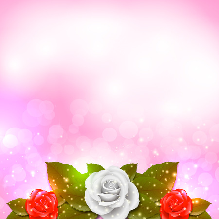 Background of red and white roses with green leafs and space for text.のイラスト素材