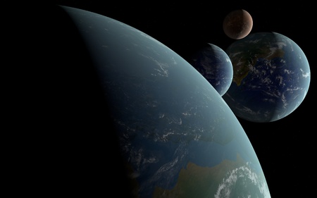 3D rendering Earth like planets in deep space with an orbiting brown moonの写真素材
