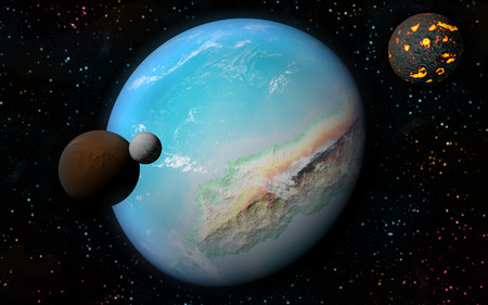 3D rendering with 1 Earth like planet in deep space with orbiting brown moon, one ice moon and one creating moonの写真素材