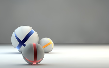 Abstract spheres with colored crissed surface, on matte background.の写真素材