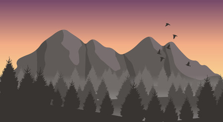 Beautiful minimalistic mountain view landscape with flying birds on sunset.のイラスト素材