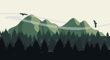 Beautiful minimalistic mountain view landscape with flying birds on sunset.のイラスト素材