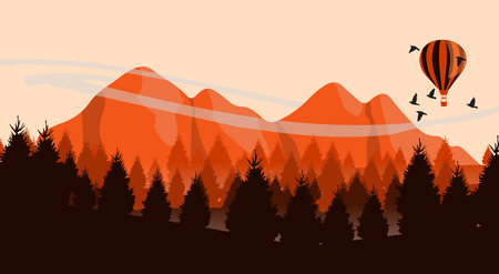 Beautiful minimalistic mountain view landscape with flying birds and balloon on sunset.のイラスト素材