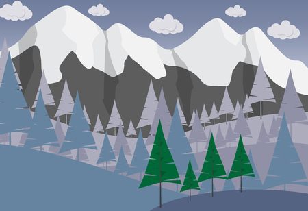 Beautiful minimalistic mountain view landscape with trees and clouds.のイラスト素材