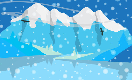 Beautiful minimalistic mountain view landscape with flying birds.のイラスト素材