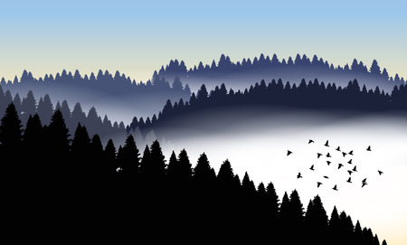 Beautiful minimalistic mountain view landscape with flying birds.のイラスト素材