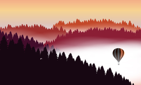 Beautiful minimalistic mountain view landscape with flying balloon on sunset.のイラスト素材