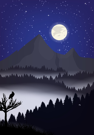 Beautiful minimalistic mountain view landscape by night.のイラスト素材
