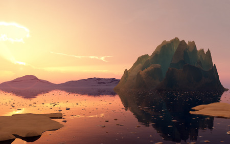 Summer sunset in Antarctica. Beautiful winter background. 3D renderの写真素材