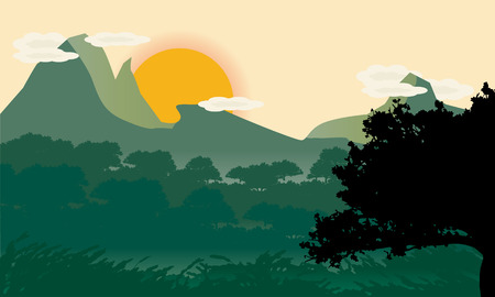 Beautiful minimalist landscape design with tree silhouette in front.のイラスト素材