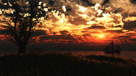 Old ancient pirate ship on peaceful ocean at sunset. Calm waves reflection, sun setting.3D Renderingの写真素材