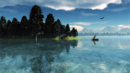 Morning nature scene (landscape): sky, clouds and lonely boat reflected on the water surface. 3D Illustrationの写真素材