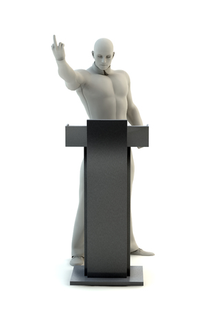 Young politician man after the election showing the middle finger up at podium. 3D illustration Conceptの写真素材