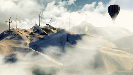 Wind electricity generators in mountain with hot air balloon. 3D Illustrationの写真素材