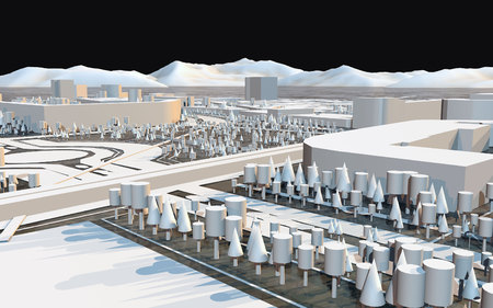 low poly modern wireframe city with trees and buildings. 3d renderingの写真素材