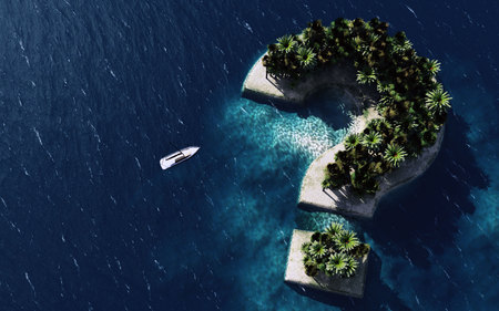 Where are we goning this holiday? 3d rendering of Question sign Shaped Island. 3D illustrationの写真素材