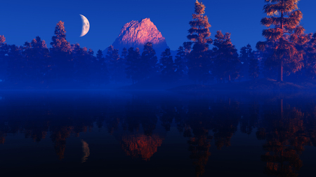 Landscape with snow covered mountains reflected in ocean water. Sunset warm light on the mountain peak, moon in the background. Exploring beauty world. 3D Illustrationの写真素材