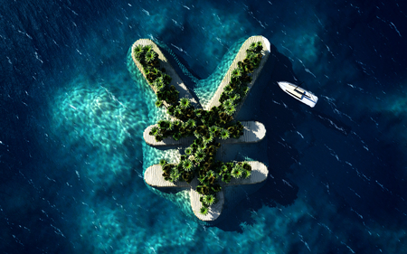 Success way. Tropical island in the form of the Yen currency symbol, 3D Illustrationの写真素材