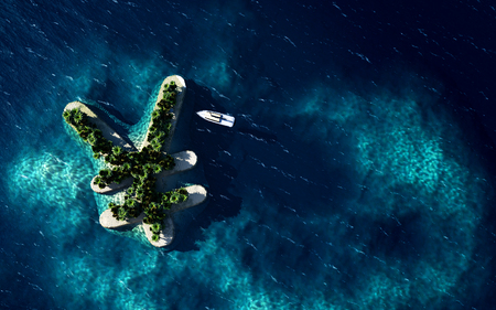Success way. Tropical island in the form of the Yen currency symbol, 3D Illustrationの写真素材