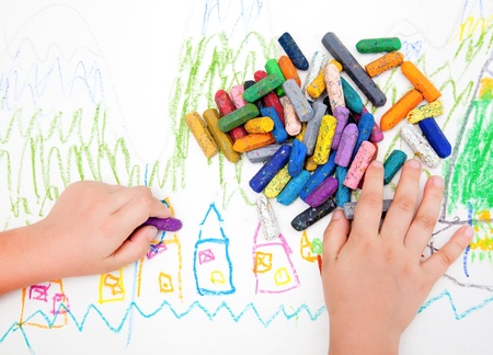Child's drawing with colored pencilsの写真素材