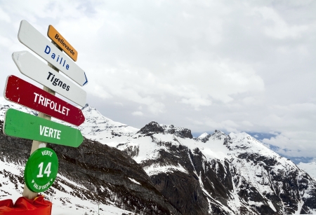 Panorama of the French Alps with pointers to the slopes for skiers and snowboardersの写真素材