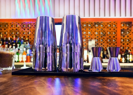 Shaker, jigger and bar inventory at nightclubの写真素材