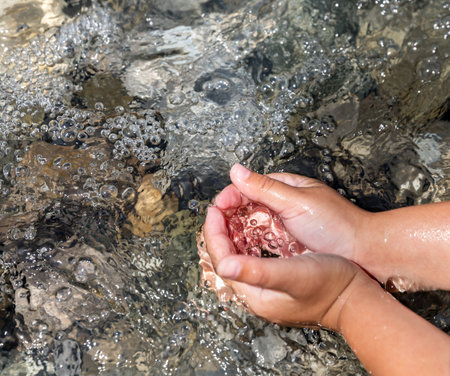 Child scoops up clear water with his hands in river