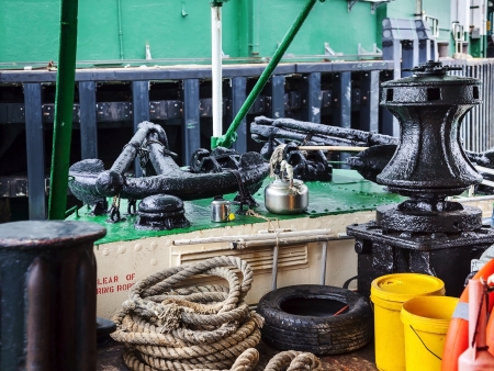 Nose of old ferry is moored to the town pierの写真素材