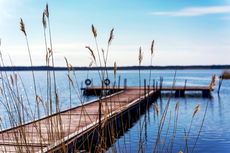 Pier for pleasure and fishing boats on shore of Lake Ladoga in Karelia. Soft focus. In the foreground the tall grassの写真素材