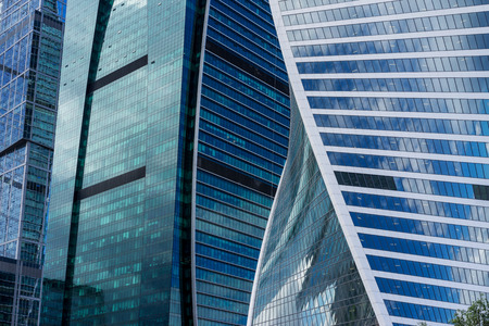 MOSCOW. RUSSIA - JUNE 5, 2015: Skyscrapers of the Moscow city business center close-up. Moscow International Business Center also referred to as Moscow-City is a commercial district in central Moscow, Russiaのeditorial素材