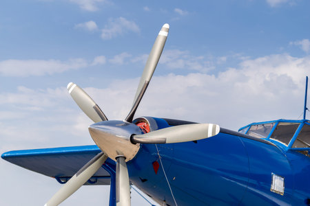 Fragment propeller and airplane engine close-up. Screw plane