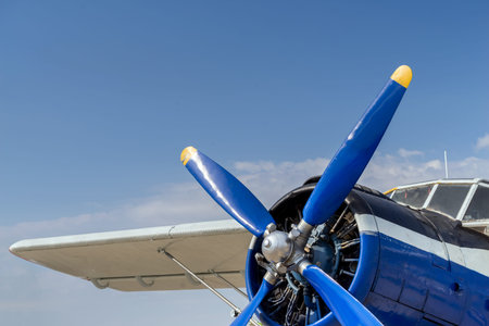 Fragment propeller and airplane engine close-up. Screw plane