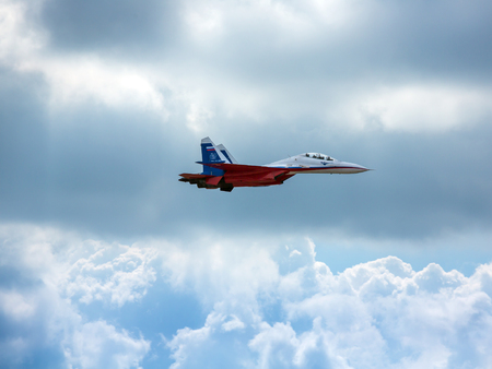 ZHUKOVSKY, MOSCOW - AUG 16: Russian fighter aircraft MIG-29 at "AirShow Furious 2014" on August 16, 2014 in Zhukovsky, Moscow region, Russiaのeditorial素材