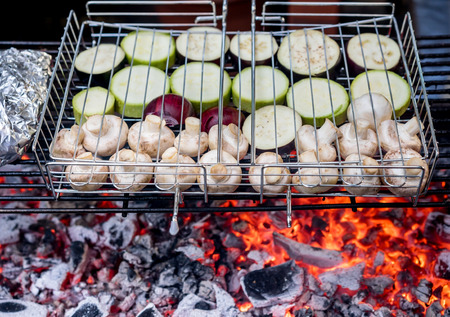 Grilled vegetables on a barbecue grill close-upの写真素材