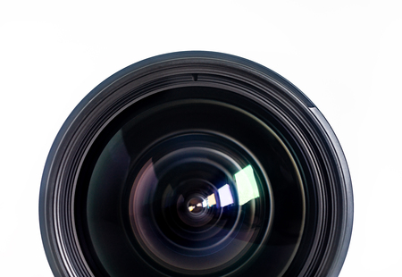 Objective lens of photo camera for photo or video  closeup on white backgroundの写真素材
