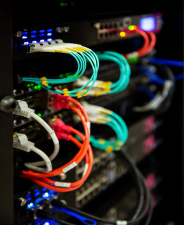 Server rack with internet cord cables, connected to patch panel in data server room
