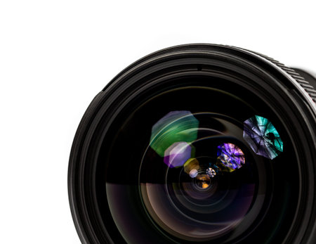 Moscow, Russia - April 11, 2019: Objective lens of photo camera Canon for photo or video  closeup on...