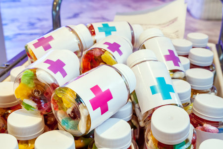 Moscow, Russia - January 30, 2011: Colorful sweet candy in clear plastic small bottles with medical...